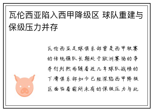 瓦伦西亚陷入西甲降级区 球队重建与保级压力并存 瓦伦西亚陷入西甲降级区 球队重建与保级压力并存