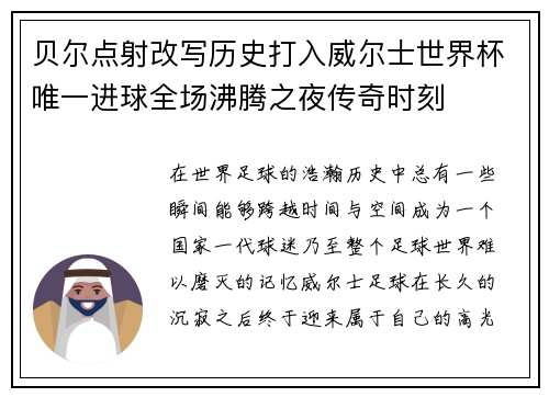 贝尔点射改写历史打入威尔士世界杯唯一进球全场沸腾之夜传奇时刻